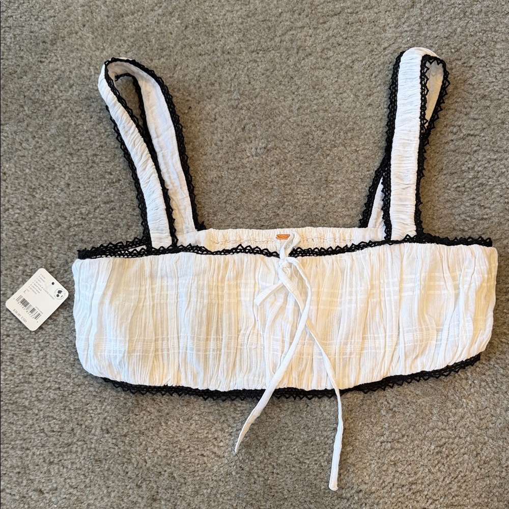 Free People White Smocked Crop Top with Black Lace Trim